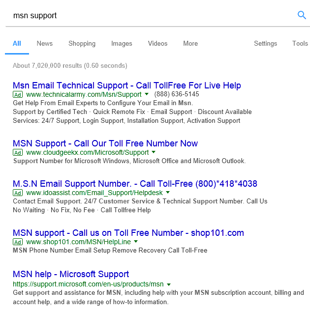 Example of Ads in search results